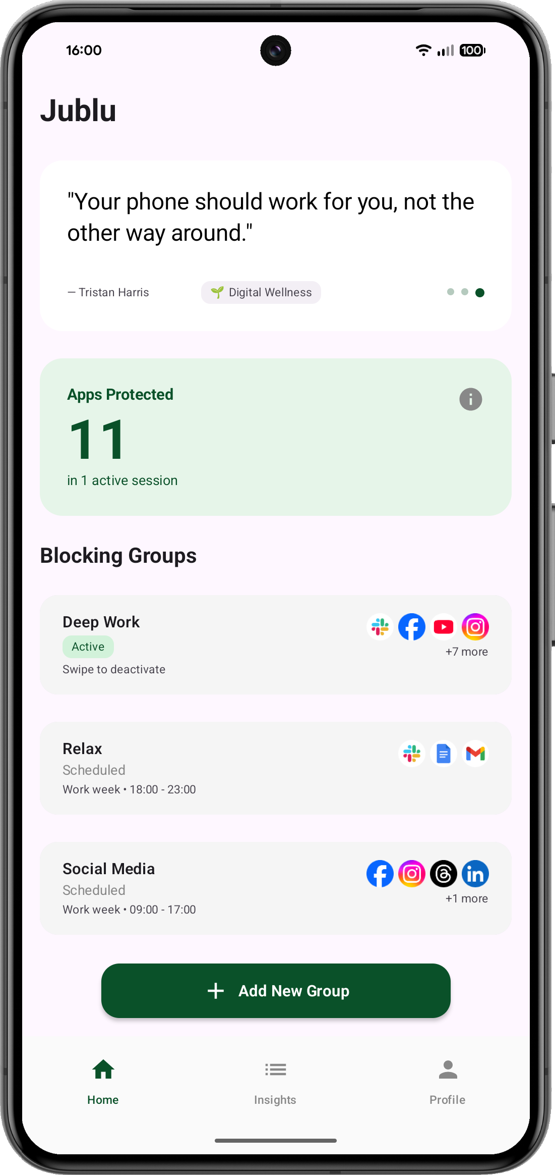 Jublu app interface showing quote, blocking groups and protected apps