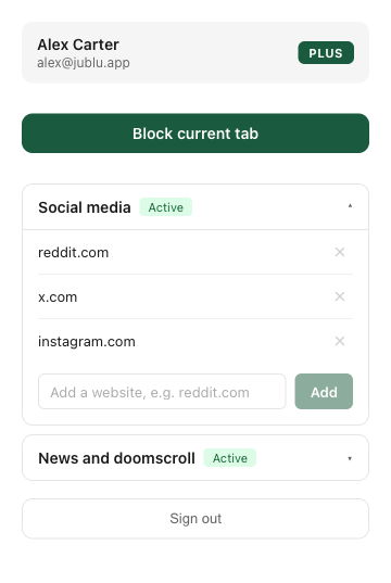 Jublu Chrome extension popup showing synced blocking groups